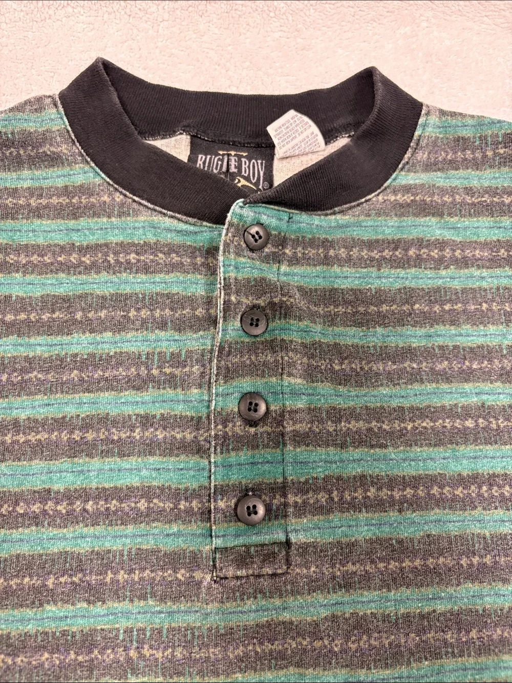 90s Vintage Bugle Boy Grandad Henley L Long Sleeve Stripe Plaid Eclectic med - Picture 5 of 8